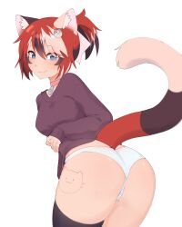 Rule 34 | 1girl, absurdres, animal ear fluff, animal ears, ass, black thighhighs, blue eyes, blush, cat ears, choker, hair ornament, hairclip, highres, ivy (nyaivie), long hair, looking at viewer, multicolored hair, nyaivie, panties, pink choker, ponytail, red hair, simple background, solo, sweater, tail, thighhighs, underwear, white background, white panties