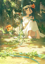 Rule 34 | 1girl, bare shoulders, barefoot, black hair, bouquet, cable, closed eyes, commentary request, dappled sunlight, day, dress, feet, flower, grass, hair between eyes, head wreath, highres, knees up, long hair, moss, orange flower, original, outdoors, overgrown, parted lips, plant, potg (piotegu), signature, sitting, solo, sundress, sunlight, toes, very long hair, white dress, white flower