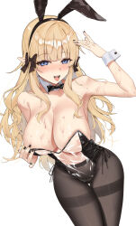 Rule 34 | 1girl, :d, absurdres, animal ears, bare shoulders, black bow, black bowtie, black nails, black pantyhose, blonde hair, blue eyes, blunt bangs, blush, bow, bowtie, breasts, cleavage, detached collar, fake animal ears, fang qiao, fingernails, hair bow, highres, large breasts, leotard, looking at viewer, meme attire, nail polish, open mouth, pantyhose, playboy bunny, princess connect!, rabbit ears, saren (princess connect!), smile, solo, sweat, teeth, translucent bunnysuit, upper teeth only, white background