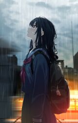 Rule 34 | 1girl, absurdres, backpack, bag, black hair, black serafuku, blurry, blurry background, breast pocket, building, closed mouth, cloud, commentary, crying, crying with eyes open, from side, highres, original, overcast, pleated skirt, pocket, rain, school uniform, serafuku, siokazunoko, skirt, sky, solo, tears