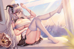 Rule 34 | 1girl, :o, absurdres, aegir (azur lane), aegir (iron blood&#039;s dragon maid) (azur lane), azur lane, blush, breasts, cleavage, commentary request, full body, garter straps, grey hair, hand up, highres, horns, indoors, large breasts, leg up, long hair, looking at viewer, maid headdress, multicolored hair, parted lips, red hair, shan far, sitting, solo, streaked hair, thighhighs, thighs, underboob, white thighhighs, window, yellow eyes