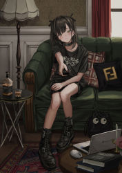 Rule 34 | 1girl, absurdres, alcohol, black footwear, black hair, black nails, black skirt, boots, bottle, character request, collar, computer, controller, couch, fingernails, flat chest, full body, gishiki (gshk), googly eyes, goth fashion, hair intakes, hair ribbon, highres, indoors, laptop, looking at viewer, medium hair, mouse (computer), nail polish, original, pigeon-toed, plaid, plaid skirt, profanity, remote control, ribbon, shirt, sitting, skirt, solo, studded collar, t-shirt, two side up, whiskey, yellow eyes