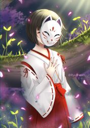 Rule 34 | 1girl, absurdres, black hair, breasts, closed eyes, commentary, crying, detached sleeves, english commentary, falling petals, fox mask, genshin impact, hakama, hakama skirt, hanachirusato (genshin impact), hand on own chest, highres, japanese clothes, light particles, long sleeves, mask, unworn mask, miko, nail polish, open mouth, petals, purple nails, red hakama, ribbon, ryuuneart, short hair, skirt, smile, solo, sparkle, tears, tree, twitter username, wide sleeves