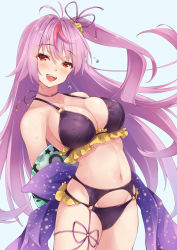 Rule 34 | 1girl, :d, antenna hair, azur lane, bare shoulders, bikini, black bikini, blue background, blush, breasts, choker, cleavage, collarbone, commentary, commission, cowboy shot, earrings, grenville (azur lane), groin, hair between eyes, hair ornament, hair ribbon, hair scrunchie, highres, holding, holding swim ring, innertube, iroha (unyun), jewelry, large breasts, leg ribbon, long hair, looking at viewer, midriff, multi-strapped bikini, multicolored hair, navel, o-ring, o-ring bikini, one side up, open mouth, pixiv commission, purple hair, purple ribbon, purple sash, red eyes, ribbon, ribbon choker, sash, scrunchie, sidelocks, simple background, smile, solo, standing, swim ring, swimsuit, teeth, thigh ribbon, upper teeth only, wet