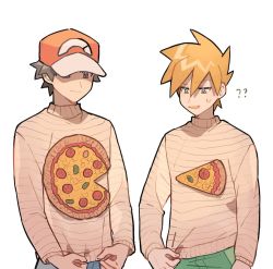 Rule 34 | 2boys, ?, ??, bad id, bad twitter id, baseball cap, blue oak, brown hair, closed mouth, commentary request, creatures (company), food, game freak, hat, holding, long sleeves, male focus, multiple boys, nintendo, orange hair, outline, pizza, pokemon, pokemon sm, rata (m40929), red (pokemon), smile, sweatdrop, sweater, white background