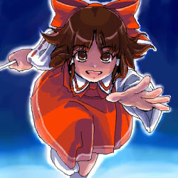 Rule 34 | 1girl, blue background, brown eyes, brown hair, dress, female focus, flying, hakurei reimu, lowres, oekaki, outstretched hand, red dress, short hair, smile, solo, touhou