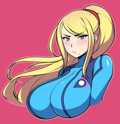 Rule 34 | 1girl, :/, armpit crease, arms at sides, blonde hair, blue bodysuit, blue eyes, blush, bodysuit, breasts, closed mouth, collarbone, cropped arms, hair tie, high ponytail, highres, huge breasts, impossible bodysuit, impossible clothes, jam-orbital, lips, long hair, looking at viewer, magenta background, metroid, metroid: other m, mole, mole under mouth, nintendo, outline, pink lips, pink outline, samus aran, shiny clothes, sidelocks, simple background, skin tight, solo, swept bangs, upper body, v-shaped eyebrows, zero suit
