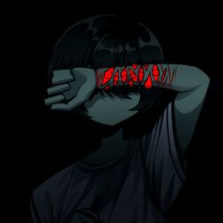 Rule 34 | 75tnv, black hair, blood, boxcutter, covered eyes, glowing, glowing eyes, highres, holding, holding boxcutter, original, red eyes, self-harm, short hair, solo, too many eyes, wrist cutting