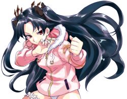 Rule 34 | 1girl, aoba (smartbeat), black hair, breasts, bridal garter, clenched hand, closed mouth, earrings, fate/grand order, fate (series), fighting stance, hair ribbon, highres, hood, hoodie, hoop earrings, ishtar (fate), ishtar (swimsuit rider) (fate), jacket, jewelry, long hair, long sleeves, looking at viewer, medium breasts, one-piece swimsuit, parted bangs, pink hoodie, pink jacket, red eyes, ribbon, smile, solo, swimsuit, tiara, two side up, white swimsuit