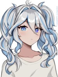 Rule 34 | 1girl, alternate costume, alternate hairstyle, blue eyes, blue hair, furina (genshin impact), genshin impact, grey hair, heterochromia, highres, long hair, looking at viewer, mismatched pupils, multicolored hair, shirt, twintails, vickie (cryingrobot), white hair, white shirt