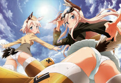 Rule 34 | 2girls, absurdres, animal ears, ass, blue eyes, blush, goggles, goggles on head, hanna-justina marseille, hat, head wings, highres, long hair, looking at viewer, looking back, military, military uniform, multiple girls, no pants, nyantype, official art, panties, pink hair, raisa pottgen, scan, short hair, strike witches, striker unit, sun, tail, underwear, uniform, white panties, wings, witches of africa, world witches series, yamamoto shuuhei