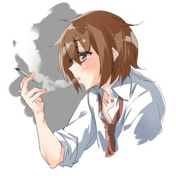 Rule 34 | 10s, 1girl, bad id, bad twitter id, blush, brown eyes, brown hair, cigarette, collared shirt, ebifurya, hair between eyes, highres, holding, holding cigarette, inactive account, kantai collection, looking to the side, multicolored background, necktie, parted lips, profile, red necktie, shirt, short hair, sleeves rolled up, smoke, smoking, solo, two-tone background, upper body, wakaba (kancolle), white shirt
