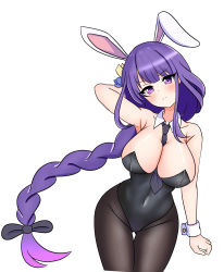 Rule 34 | &gt;:(, 1girl, alternate costume, animal ears, arm behind head, armpits, bare shoulders, bent over, between breasts, black leotard, black pantyhose, blunt bangs, bow, braid, breasts, cleavage, collarbone, commentary, covered navel, detached collar, english commentary, fake animal ears, firli (ard), genshin impact, gradient hair, hair bow, hair ornament, hair ribbon, head tilt, highres, large breasts, leotard, long hair, looking at viewer, low-braided long hair, low-tied long hair, low ponytail, multicolored hair, necktie, necktie between breasts, pantyhose, playboy bunny, purple eyes, purple hair, rabbit ears, raiden shogun, ribbon, sidelocks, simple background, single braid, solo, strapless, strapless leotard, tongue, v-shaped eyebrows, white background, wrist cuffs