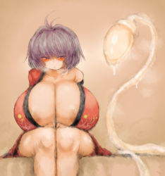 Rule 34 | 1girl, 2b-ge, areola slip, breasts, gigantic breasts, highres, huge sperm, japanese clothes, kimono, purple hair, red eyes, red kimono, solo, sperm cell, sukuna shinmyoumaru, touhou