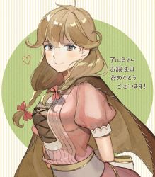 Rule 34 | 1girl, blonde hair, bow, braid, brown eyes, cape, closed mouth, faye (fire emblem), fire emblem, fire emblem echoes: shadows of valentia, hair bow, heart, kyufe, long hair, low-braided long hair, low-tied long hair, nintendo, short sleeves, simple background, smile, solo, twin braids, upper body