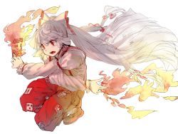 Rule 34 | 1girl, albino, bow, colorized, fire, fujiwara no mokou, full body, geppewi, hair bow, hair ornament, juliet sleeves, long hair, long sleeves, ofuda, ofuda on clothes, one-hour drawing challenge, pants, puffy sleeves, red eyes, shoes, simple background, sketch, solo, touhou, very long hair, white background, white hair