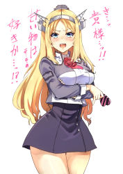 Rule 34 | 1girl, ascot, blonde hair, blue eyes, breasts, commentary request, cowboy shot, crossed arms, duplicate, flower, grey skirt, headgear, highres, kantai collection, large breasts, long sleeves, looking at viewer, military, military uniform, nelson (kancolle), open clothes, open mouth, open shirt, pencil skirt, red ascot, red flower, red rose, rose, simple background, skirt, solo, teeth, translation request, tsunemi aosa, uniform, upper teeth only, white background