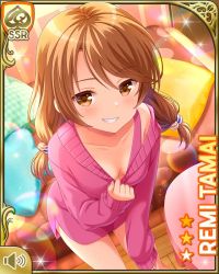Rule 34 | 1girl, bare legs, barefoot, bedroom, bottomless, breasts, brown eyes, brown hair, card (medium), cleavage, closed mouth, clothes tug, day, girlfriend (kari), grin, indoors, looking at viewer, low twintails, official art, pink sweater, qp:flapper, smile, solo, standing, sweater, sweater tug, tagme, tamai remi, teeth, tugging, twintails