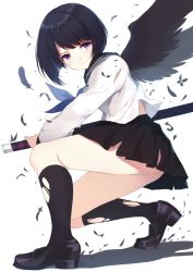 Rule 34 | 1girl, black footwear, black hair, black socks, black wings, blouse, caidychen, closed mouth, feathers, from side, full body, highres, holding, holding sword, holding weapon, kneehighs, loafers, miniskirt, original, purple eyes, school uniform, serafuku, shirt, shoes, silhouette, skirt, socks, solo, squatting, sword, torn clothes, torn legwear, torn shirt, torn skirt, torn socks, weapon, white background, white shirt, wings