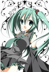 Rule 34 | 1girl, bad id, bad pixiv id, detached sleeves, green eyes, green hair, hair between eyes, hatsune miku, long hair, matching hair/eyes, mea (brunhilde), open mouth, skirt, solo, twintails, very long hair, vocaloid