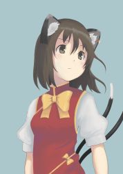 Rule 34 | 1girl, animal ears, blue background, brown eyes, brown hair, cat ears, cat tail, chen, earrings, highres, jewelry, kujou natsume, multiple tails, no headwear, short hair, simple background, solo, tail, touhou