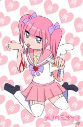 Rule 34 | 1girl, :p, absurdres, angel wings, bandaged arm, bandages, black eyes, black footwear, blood, blunt bangs, bow, collar, copyright name, cross, expressionless, ezaki bisuko, heart, heart background, hexagram, highres, menhera-chan (ezaki bisuko), menhera-chan (ezaki bisuko) (character), patterned background, pink sailor collar, pink skirt, pleated skirt, purple bow, purple collar, sailor collar, school uniform, self-harm, self-harm scar, serafuku, sidelocks, sitting, skirt, solo, star of david, thighhighs, tongue, tongue out, twintails, wariza, white background, white serafuku, white thighhighs, wings, yami kawaii