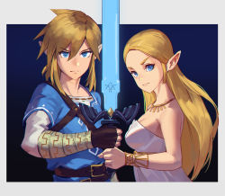 Rule 34 | 1girl, bare shoulders, blonde hair, blue eyes, blue shirt, breasts, closed mouth, collarbone, commentary request, dress, fingerless gloves, frown, gloves, hand up, head tilt, holding, holding sword, holding weapon, jewelry, jiro (ninetysix), light brown hair, link, long hair, long sleeves, looking at viewer, master sword, medium breasts, neck, necklace, nintendo, outside border, pointy ears, princess zelda, serious, shirt, short hair, strapless, strapless dress, sword, the legend of zelda, the legend of zelda: breath of the wild, triforce, tunic, upper body, weapon, white background, white dress