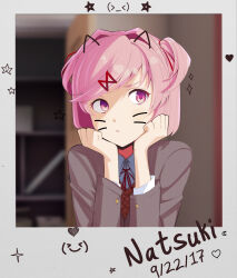 Rule 34 | 1girl, animal ears, blurry, blurry background, bob cut, breasts, brown sweater vest, cat ears, character name, close-up, closet, commentary, crescent, dated, doki doki literature club, drawn ears, drawn whiskers, dress shirt, emoticon, english commentary, fake animal ears, furrowed brow, gozuu, grey jacket, hair intakes, hair ornament, hair ribbon, hands on own face, head rest, heart, highres, jacket, light blush, light frown, looking away, mixed-language commentary, natsuki (doki doki literature club), neck ribbon, photo (object), pink eyes, pink hair, polaroid, portrait, red ribbon, ribbon, romaji text, shelf, shirt, short hair, small breasts, solo, sparkle, star (symbol), sweater vest, swept bangs, two side up, whiskers, white shirt, x hair ornament