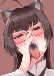 Rule 34 | 1girl, ahoge, animal ears, asase yuugi, blush, brown hair, cat ears, close-up, collared shirt, commentary request, fellatio gesture, glasses, haks, half-closed eyes, long hair, looking at viewer, mole, mole under eye, moo yoshio, open mouth, red-framed eyewear, red background, red eyes, saliva, shirt, simple background, solo, teeth, tongue, tongue out, virtual youtuber, white shirt