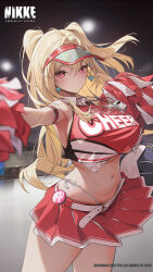 Rule 34 | 1girl, bare shoulders, blonde hair, blush, breasts, cheerleader, clay (nikke), commentary, copyright notice, crop top, english commentary, goddess of victory: nikke, hair intakes, highres, large breasts, long hair, looking at viewer, official art, official wallpaper, pleated skirt, pom pom (cheerleading), red skirt, serious, skirt, solo, thick thighs, thighs, underboob, visor cap