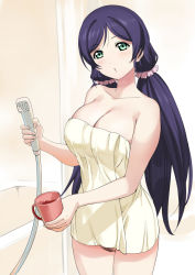 Rule 34 | a1 (initial-g), bathroom, breasts, cup, female pubic hair, hair ornament, holding, holding cup, large breasts, long hair, looking at viewer, love live!, love live! school idol project, low twintails, mug, naked towel, pubic hair, shower head, tojo nozomi, towel, twintails