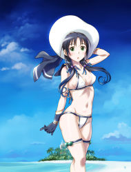 Rule 34 | 1girl, adapted costume, beach, bikini, black gloves, black hair, blue ribbon, blue sky, breasts, cloud, commentary request, covered erect nipples, cowboy shot, day, gloves, green eyes, hair ribbon, hat, kantai collection, long hair, looking at viewer, low twintails, medium breasts, navel, open mouth, outdoors, ribbon, sameha ikuya, sky, solo, standing, sun hat, suzukaze (kancolle), swimsuit, twintails, white bikini, white hat