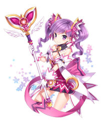 Rule 34 | 1girl, aisha landar, bow, breasts, cleavage, dimension witch (elsword), elsword, flower, gloves, hair ribbon, looking at viewer, nardack, pink bow, purple eyes, purple hair, purple skirt, ribbon, skirt, smile, solo, staff, twintails, white gloves
