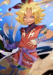 Rule 34 | 1boy, :d, blonde hair, blurry, blurry foreground, blush, brown eyes, collarbone, commentary request, commission, dark-skinned male, dark skin, depth of field, kevin (seiken densetsu 3), kou hiyoyo, looking at viewer, male focus, open mouth, pants, parted bangs, red pants, seiken densetsu, seiken densetsu 3, skeb commission, sleeveless, smile, solo, thick eyebrows, v-shaped eyebrows