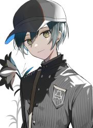 Rule 34 | 1boy, black hair, black hat, black jacket, breast pocket, brown eyes, buttons, danganronpa (series), danganronpa v3: killing harmony, double-breasted, flower, grey background, hat, highres, huyuharu0214, jacket, looking at viewer, pocket, red flower, saihara shuichi, short hair, signature, simple background, smile, solo, striped clothes, striped jacket, upper body