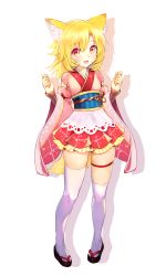 Rule 34 | 1girl, :d, animal ear fluff, animal ears, asymmetrical legwear, bad id, bad pixiv id, blonde hair, clenched hands, detached sleeves, fox ears, fox girl, fox tail, full body, japanese clothes, kimono, layered skirt, long hair, looking at viewer, multicolored eyes, nanashin naomi, obi, open mouth, original, red eyes, sandals, sash, silhouette, simple background, skirt, smile, solo, standing, tail, thigh strap, thighhighs, uneven legwear, white background, white thighhighs, wide sleeves, yellow eyes, zouri