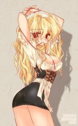 Rule 34 | blonde hair, breasts, hand over head, lace, long hair, mouth hold, red eyes, thighhighs