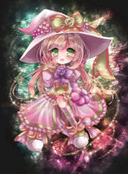 Rule 34 | 1girl, :d, blush, boots, bow, commentary request, dress, flower, green eyes, hand up, hat, hat flower, highres, juliet sleeves, kneehighs, light brown hair, long hair, long sleeves, looking at viewer, low twintails, muuran, open mouth, orange bow, pink dress, pink flower, primula (shironeko project), puffy sleeves, purple bow, shironeko project, sleeves past wrists, smile, socks, solo, striped clothes, striped socks, twintails, very long hair, white footwear, white hat, witch hat