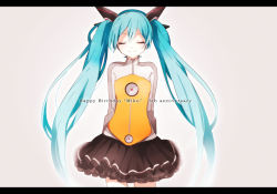 Rule 34 | 1girl, aqua hair, arms behind back, closed eyes, happy birthday, hatsune miku, letterboxed, long hair, odds &amp; ends (vocaloid), project diva (series), project diva f, skirt, smile, solo, tama (songe), twintails, very long hair, vocaloid