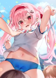 Rule 34 | 1boy, 3girls, arm up, blue buruma, blue sky, blush, grabbing another&#039;s breast, breasts, buruma, cameltoe, chihiro (khorosho), cleft of venus, cloud, commentary request, day, fang, grabbing, gym shirt, gym uniform, hair between eyes, headband, holding, long hair, multiple girls, navel, nose blush, open mouth, original, outdoors, pennant, pink hair, puffy short sleeves, puffy sleeves, red eyes, red headband, shirt, short sleeves, sky, small breasts, solo focus, string of flags, twintails, very long hair, wavy mouth, white shirt