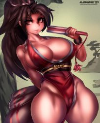 Rule 34 | 1girl, alamander, arm behind back, bad id, bad twitter id, breasts, brown eyes, brown hair, curvy, folding fan, hand fan, highres, japanese clothes, large breasts, long hair, looking at viewer, painting (action), pelvic curtain, shiranui mai, signature, smile, smug, the king of fighters, thick thighs, thighs, watermark, web address