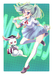 Rule 34 | 1girl, :d, blue eyes, book, glasses, green hair, hair ornament, hairclip, highres, holding, looking at viewer, mf bunko, open mouth, original, pleated skirt, rabbit, school uniform, serafuku, skirt, smile, solo, thighhighs, twintails, white thighhighs, yube (skyhacker), zettai ryouiki
