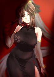 Rule 34 | 1girl, absurdres, alternate costume, bare shoulders, black dress, blush, breasts, brown eyes, brown hair, china dress, chinese clothes, dress, earrings, fate/grand order, fate (series), highres, jewelry, large breasts, long hair, multiple earrings, ponytail, shibao aoyama, solo, very long hair, yu mei-ren (fate)