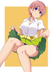 Rule 34 | 1girl, blue eyes, blue panties, border, breasts, closed mouth, clothes around waist, clothes lift, collared shirt, earrings, go-toubun no hanayome, green skirt, hair between eyes, invisible chair, jewelry, large breasts, lifting own clothes, looking at viewer, mirai denki, nakano ichika, outside border, panties, pantyshot, pink hair, pleated skirt, school uniform, shirt, short hair, short sleeves, side-tie panties, sitting, skirt, skirt lift, smile, solo, stud earrings, sweater, sweater around waist, underwear, white border, white shirt, yellow background, yellow sweater