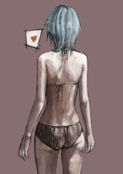 Rule 34 | 1girl, ass, bikini, blue hair, canking, from behind, heart, short hair, simple background, solo, spoken heart, standing, swimsuit