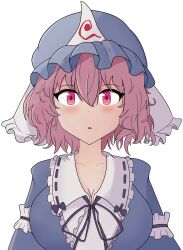 Rule 34 | 1girl, absurdres, blue hat, blush, breasts, collarbone, commentary, english commentary, hat, highres, jaysea, large breasts, mob cap, open mouth, pink hair, saigyouji yuyuko, short hair, simple background, solo, touhou, triangular headpiece, upper body, white background