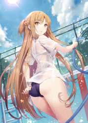 Rule 34 | 1girl, :o, adjusting clothes, adjusting swimsuit, alternate costume, ass, asuna (sao), back, back cutout, blue one-piece swimsuit, blue sky, blush, braid, breasts, brown eyes, brown hair, chain-link fence, clothing cutout, cloud, commentary request, competition swimsuit, cowboy shot, day, dress shirt, duplicate, dutch angle, embarrassed, empty pool, fence, french braid, from behind, from below, gabiran, hair between eyes, half updo, highres, holding, holding hose, hose, lens flare, light particles, long hair, looking at viewer, looking back, medium breasts, one-piece swimsuit, open mouth, outdoors, outstretched arm, parted bangs, pixel-perfect duplicate, pool, pool ladder, see-through, shiny skin, shirt, short sleeves, sidelocks, signature, sky, solo, standing, straight hair, sun, surprised, swimsuit, swimsuit under clothes, sword art online, teeth, thighs, tree, upper teeth only, very long hair, water, wet, wet clothes, wet hair, wet shirt, white shirt