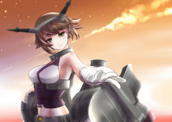 Rule 34 | 1girl, breasts, brown hair, commentary request, contrail, gloves, green eyes, hairband, headgear, kantai collection, kiriki haruomi, large breasts, midriff, miniskirt, mutsu (kancolle), orange background, radio antenna, short hair, skirt, sky, star (sky), starry sky, sunset, turret, twilight, white gloves