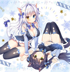 Rule 34 | 2girls, aina rive, animal ear fluff, animal ears, antenna hair, babydoll, black babydoll, black hair, black legwear, black panties, blue bow, blue eyes, bow, breasts, brown eyes, cat ears, cat girl, cat tail, cleavage, collaboration, commentary request, frilled panties, frills, hair intakes, heterochromia, highres, kutata, large breasts, long hair, low twintails, lying, mauve, multiple girls, no shoes, on back, original, panties, silver hair, small breasts, snowflakes, tail, tail bow, tail ornament, thighhighs, twintails, underwear, underwear only, very long hair
