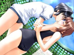 Rule 34 | 2girls, bikini, black hair, black one-piece swimsuit, blush, boku to kanojo to kokoro no kakera, brown hair, closed eyes, game cg, gym uniform, hand on another&#039;s face, hands on another&#039;s face, katsuma rei, kiss, multiple girls, one-piece swimsuit, school swimsuit, short hair, swimsuit, yuri